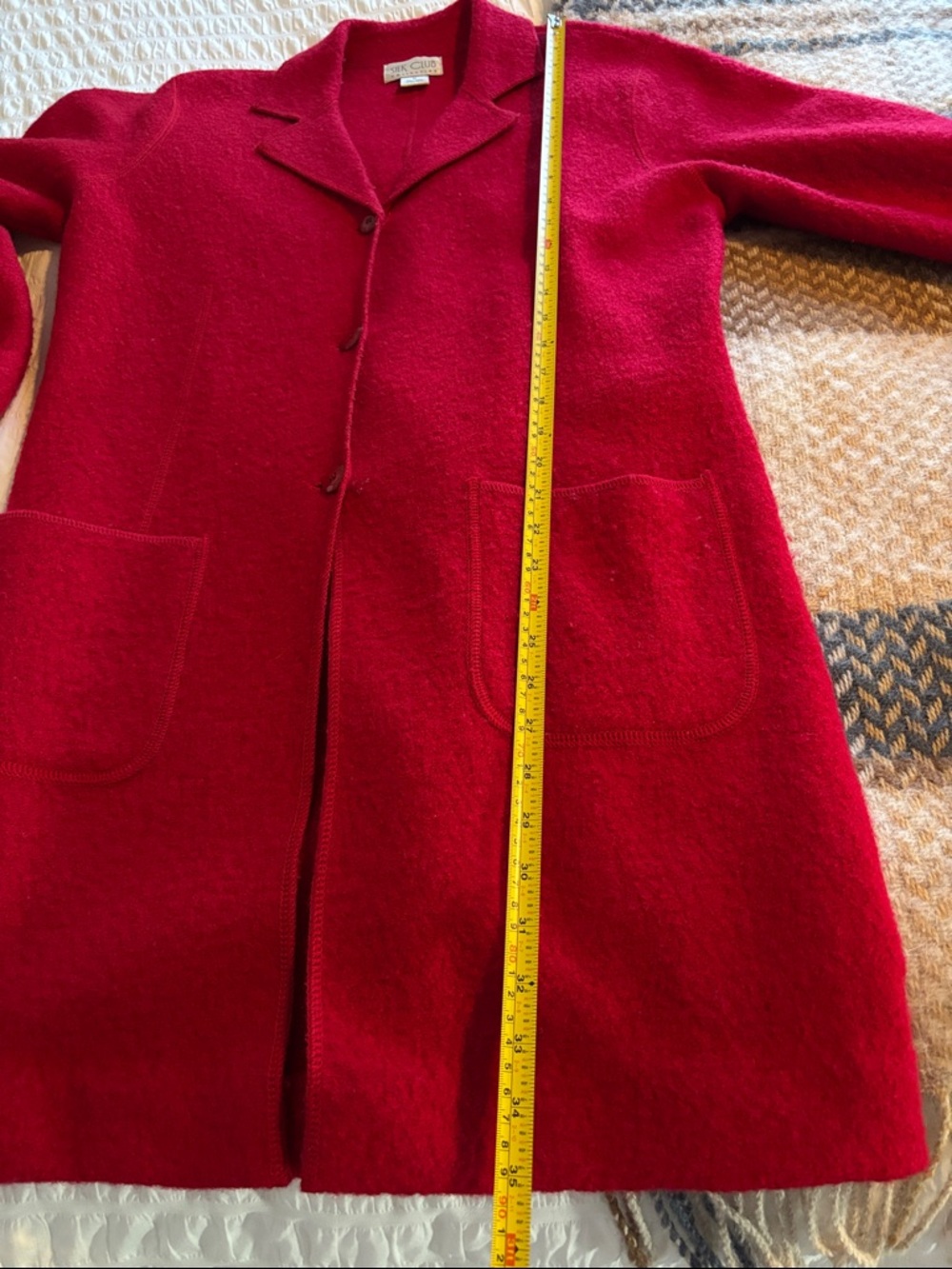 Silk Club Red Long Open Collar Coat 100%Wool Lightweight - Picture 9 of 9